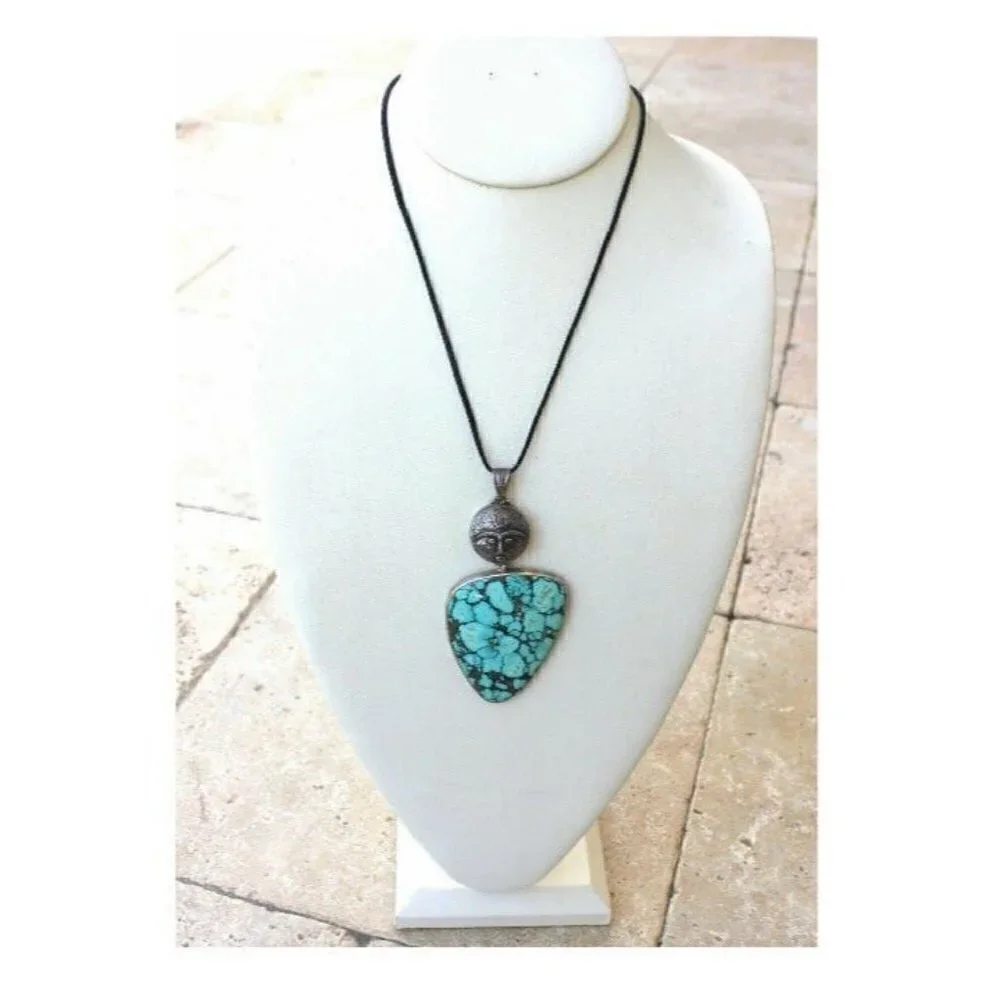 Women's Turquoise Sterling Silver Round Sun Face Black Cord Artisan Necklace